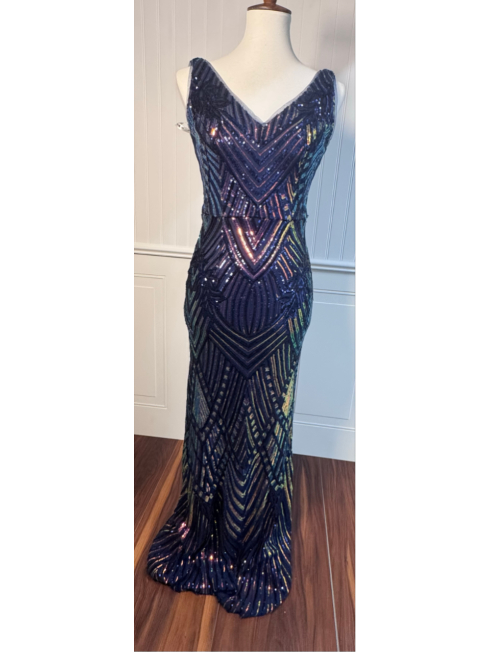 Women's Jules & Cleo Sequin Geometric Prom Dress, Navy and Iridescent Size 4